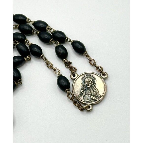 Italy Black Beaded Silvertone Rosary 25.5” - Picture 5 of 7